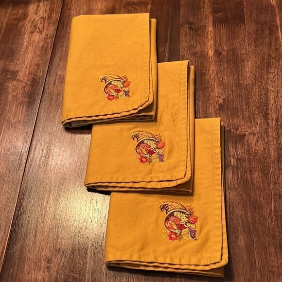 Thanksgiving Set of (3) Mustard Napkins w/ Custom Cornucopia Embroidery - Picture 1 of 11